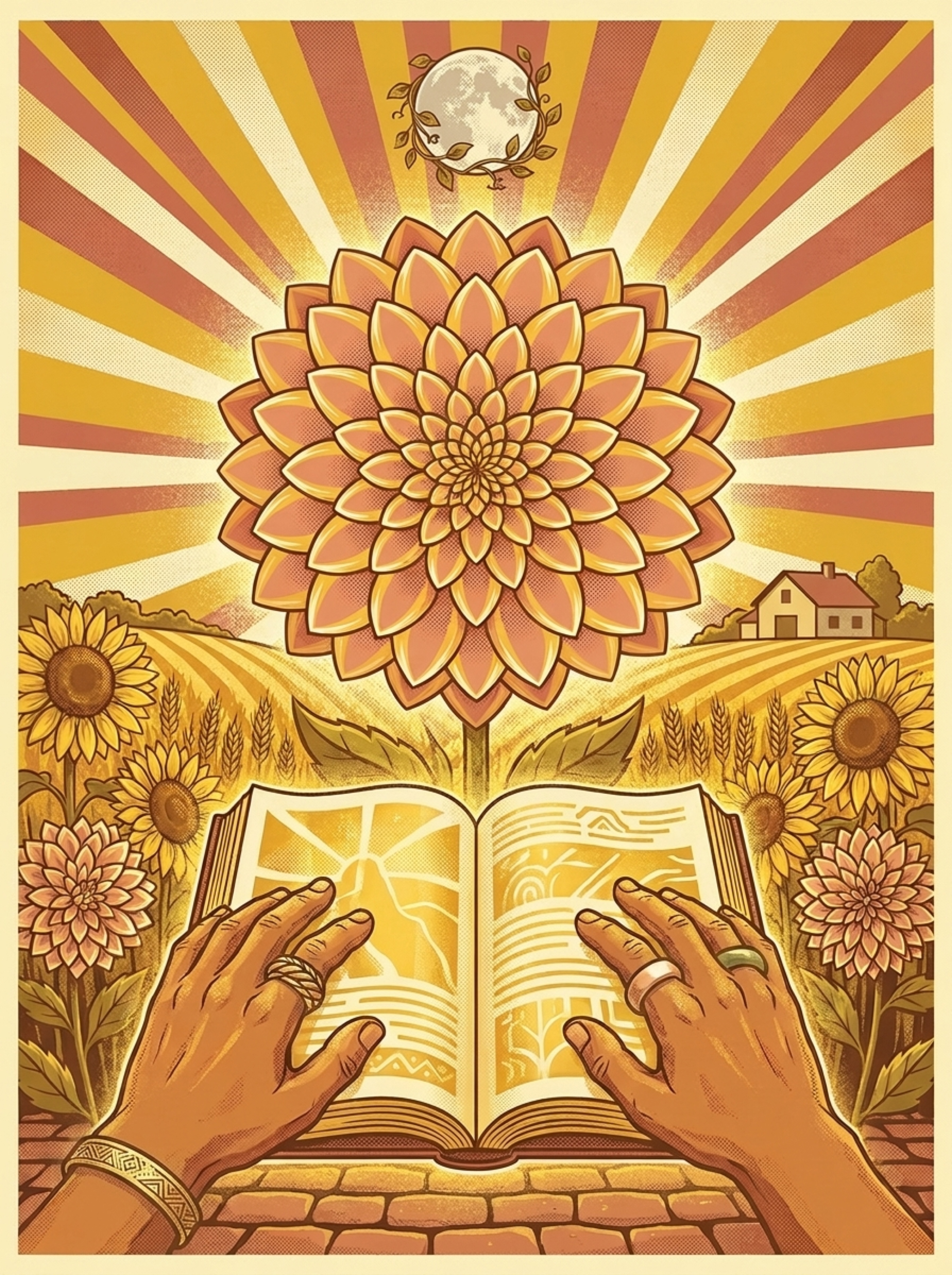 A massive dahlia in full bloom above warm-skinned hands holding an open ledger forward. The left hand wears an engraved Tuareg-style brass bangle and a Tibetan brass-and-copper ring on the index finger. The right hand wears a rose-gold Oura ring on the index finger and a jade wedding ring on the ring finger. WPA-style golden harvest field behind, with sunflowers and a distant farmhouse. Full Flower Moon overhead with floral vines around its edge. Socialist realist bountiful harvest poster, halftone screenprint.
